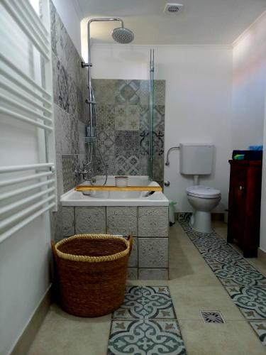 a bathroom with a sink and a toilet at Idill Cottage Vendégház in Tiszafüred