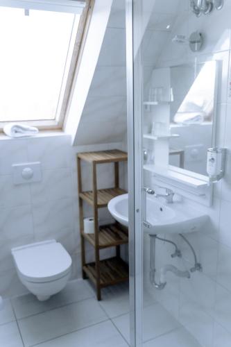 a white bathroom with a toilet and a sink at Hotel-Restaurant Nordlicht in Kappeln