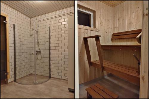 duas fotografias de um chuveiro numa casa de banho em Pärus Fors em Lapväärtti