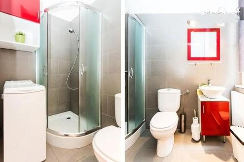 Private Apartment Centertown في بودابست: حمام مع دش ومرحاض ومغسلة