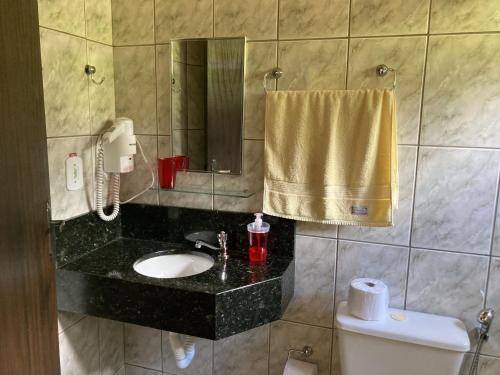 a bathroom with a sink and a toilet and a mirror at Pousada Colar de Ouro Chalés in Cunha