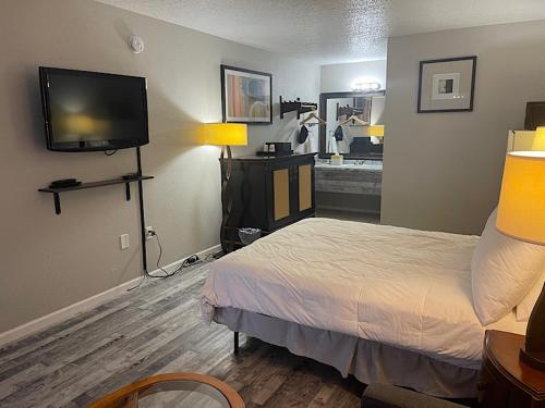um quarto de hotel com uma cama e uma televisão de ecrã plano em Branson Ozarks Inn em Branson