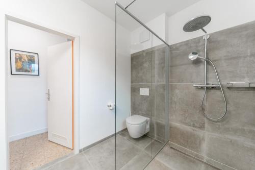 ein Bad mit einer Dusche und einem WC in der Unterkunft Haus mit Donaublick, Terrasse und Garten in Dürnstein