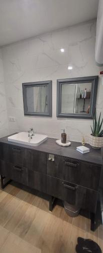 een badkamer met een wastafel en een spiegel bij Superbe T2, Vieux Port, Hyper centre Ajaccio in Ajaccio