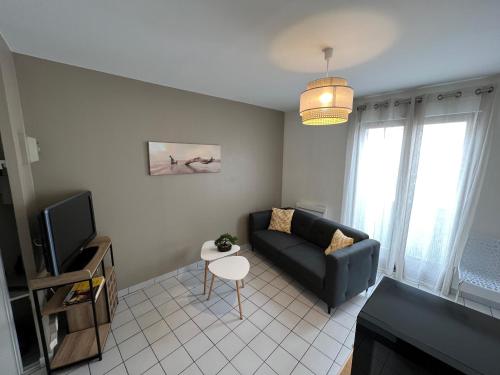 uma sala de estar com um sofá e uma televisão em T1 bis cosy-proche campus et stade des alpes em Grenoble