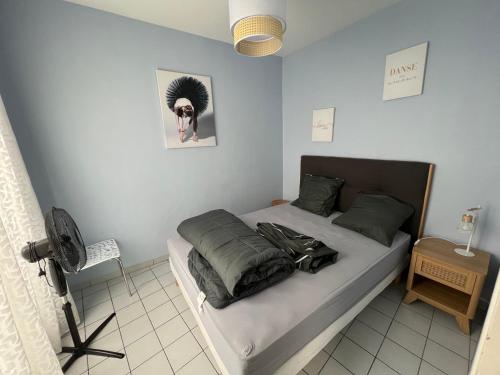 um quarto com uma cama num quarto com uma ventoinha em T1 bis cosy-proche campus et stade des alpes em Grenoble
