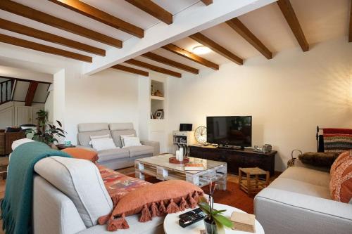 sala de estar con 2 sofás y TV en Villa Mimosa, 