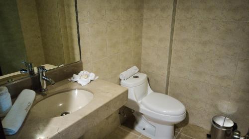 y baño con aseo y lavamanos. en Hotel Osalle Inn, en Chignahuapan