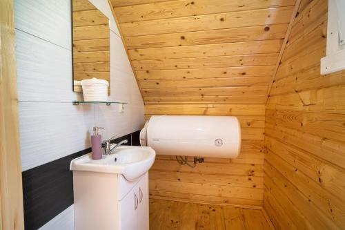 a bathroom with a white sink and a toilet at Perłowe Wzgórze in Ustronie Morskie