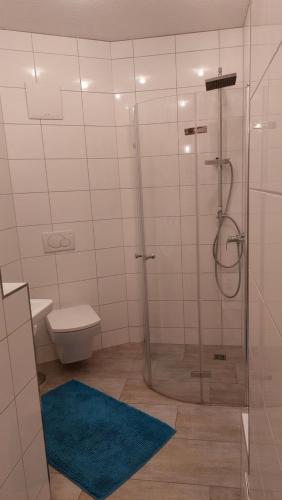 a bathroom with a shower and a toilet at Marie's Küsten Zauber in Bentwisch
