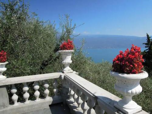 two vases with red flowers on a white railing at Villa Pinetina in Gargnano
