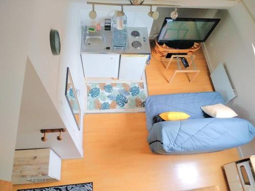 una pequeña sala de estar con sofá y TV en LE STUPLEX, en Troyes