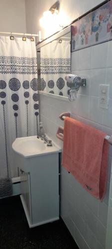 a bathroom with a sink and a shower curtain at Alquiler Tandil in Tandil