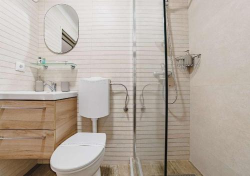 uma casa de banho com um WC, um lavatório e um chuveiro em Republicii Premium em Braşov