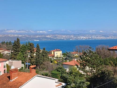 a view of a city with the ocean in the background at Apartment Lady Daniela mit Meerblick in Lovran in Lovran