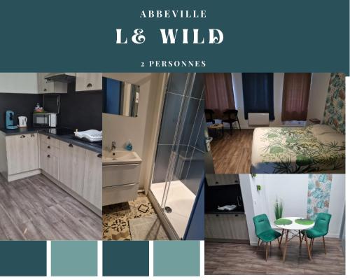uma colagem de fotos de uma cozinha e um quarto em Le Wild Abbeville centre ville baie de Somme em Abbeville