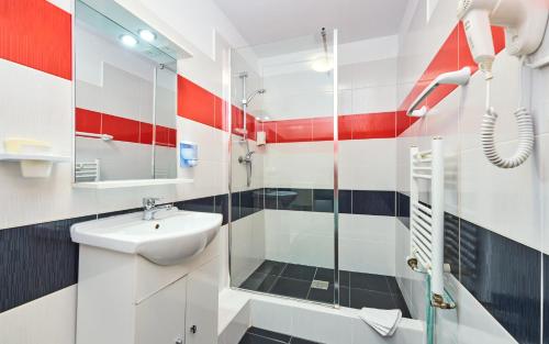 a bathroom with a sink and a shower at Pension Mora in Cluj-Napoca