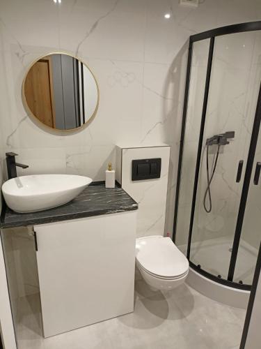 a bathroom with a sink and a toilet and a mirror at Apartament Stogi in Gdańsk