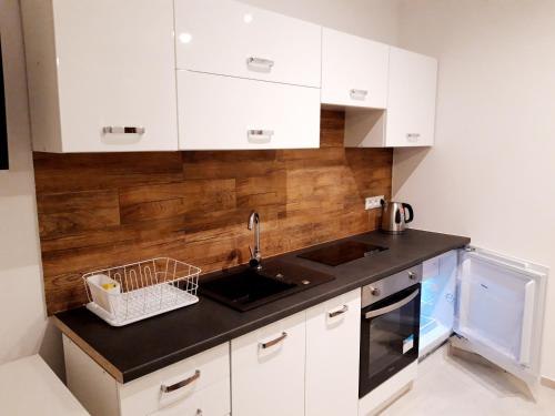 a kitchen with white cabinets and a wooden wall at Nowoczesne mieszkanie w centrum miasta in Nowy Sącz