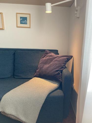 eine blaue Couch mit einem Kissen darüber in der Unterkunft Villa Baltic Chałupy - Apartament nr 14A in Chałupy