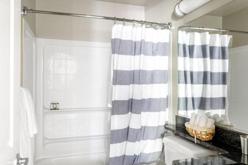 a bathroom with a blue and white shower curtain at Cupertino 1BR w Pool Gym AC nr shops SFO-371 in Cupertino