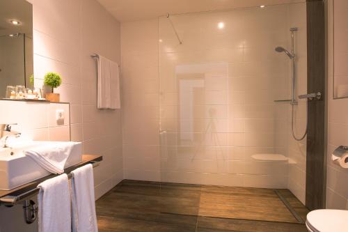 uma casa de banho com um chuveiro e um lavatório. em Aparthotel Altomünster - Garni em Altomünster