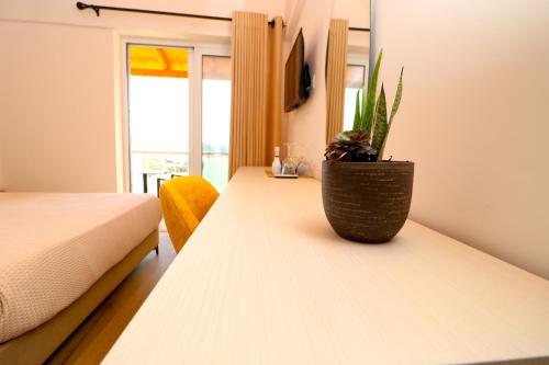 a room with a table with a potted plant on it at Fegi Rooms in Himare