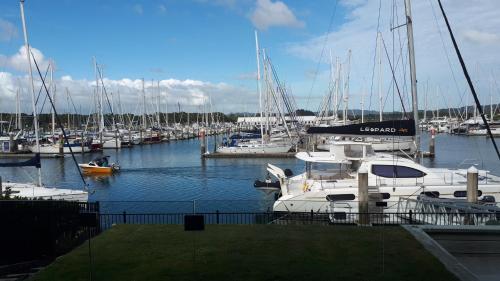 een stel boten aangemeerd in een jachthaven bij Marina Views in One Tree Point