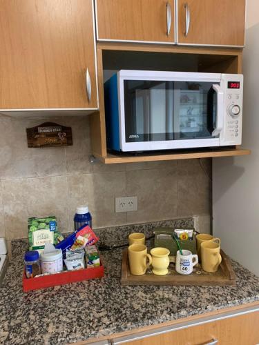 a kitchen counter with a microwave and some food at Espacio Alem in Comodoro Rivadavia