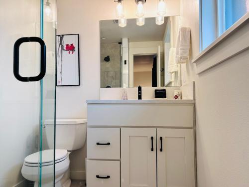 a bathroom with a sink and a toilet and a mirror at VogueTown in Boise