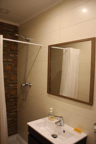 ein Bad mit einem Waschbecken und einer Dusche mit einem Spiegel in der Unterkunft Quintinha da Evangelina in Açafora
