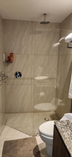 a bathroom with a shower and a toilet at Hermoso departamento Acapulco in Acapulco
