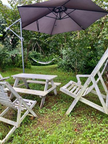 a picnic table and two chairs with an umbrella at Guest House Botanical Paradise in Mtsvane Kontskhi