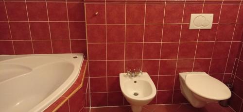 a red tiled bathroom with a toilet and a bath tub at Hotel U Zlateho jelena in Prague