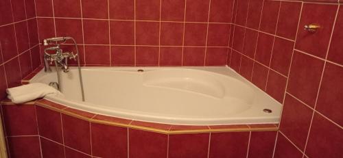 a bath tub in a bathroom with red tiles at Hotel U Zlateho jelena in Prague