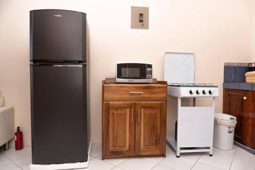 a kitchen with a refrigerator and a microwave and a stove at Apartamento Daly 3 in Guápiles