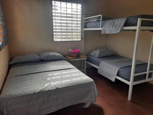a bedroom with two bunk beds and a window at La Cima del Cielo in Las Lajas