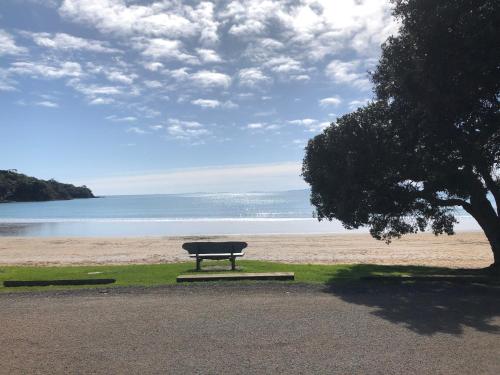 a bench sitting on the grass near a beach at La Casita Waiheke in Oneroa