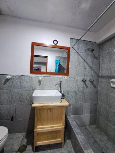 a bathroom with a sink and a shower with a mirror at Hotel Alpamayo Guest House in Huaraz