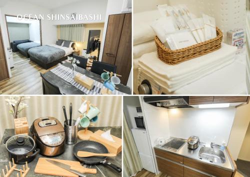 een collage van foto's van een keuken en een woonkamer bij Ocean Shinsaibashi in Osaka