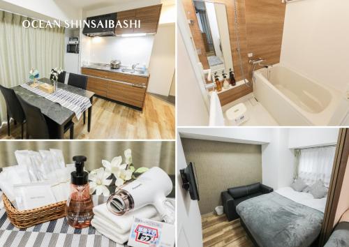 een collage van foto's van een badkamer en een kamer bij Ocean Shinsaibashi in Osaka