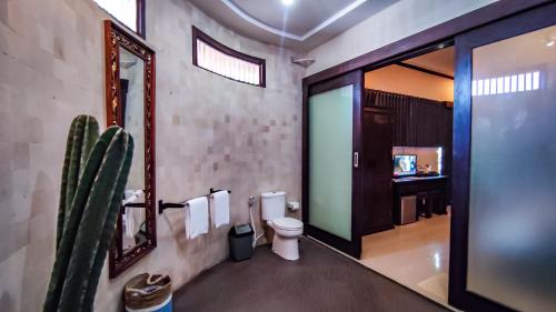 a bathroom with a toilet and a mirror and a cactus at Pondok Baruna Frangipani in Nusa Lembongan