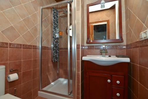 y baño con ducha, lavabo y espejo. en Apartamentos La Casa Del Grial, en Toledo