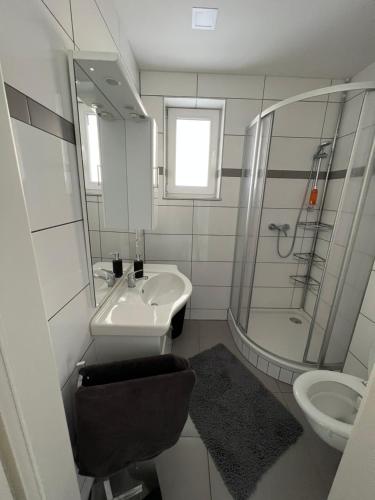 een badkamer met een wastafel, een toilet en een spiegel bij Appartement beim Schloss 