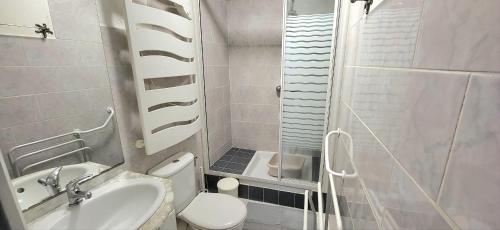 a bathroom with a toilet and a sink and a shower at Studio et jardin "Le Coquet" in Jonzac