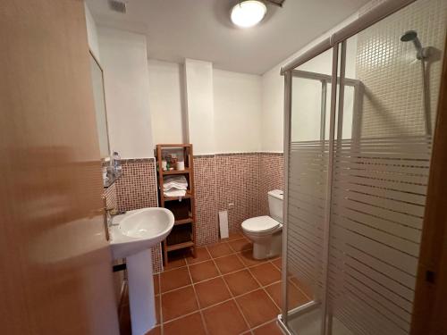 a bathroom with a toilet and a sink and a shower at El Mirador de Las Hurdes in Ladrillar