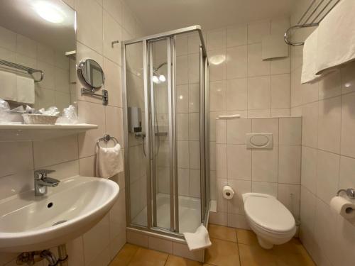 W łazience znajduje się prysznic, umywalka i toaleta. w obiekcie Hotel-Pension Scharl am Maibaum w mieście Eitting