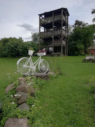a white bike parked in front of a building at Żywkowo Bocianie Gospodarstwo Rolne in Górowo Iławeckie