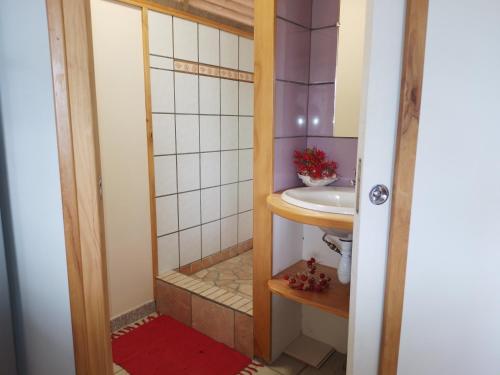 W łazience znajduje się umywalka i lustro. w obiekcie Résidence Tamaumia - Bungalow w mieście Hakamui