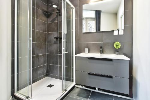 a bathroom with a shower and a sink at Appartement Le Somptueux Bressan - Hyper-Centre in Bourg-en-Bresse